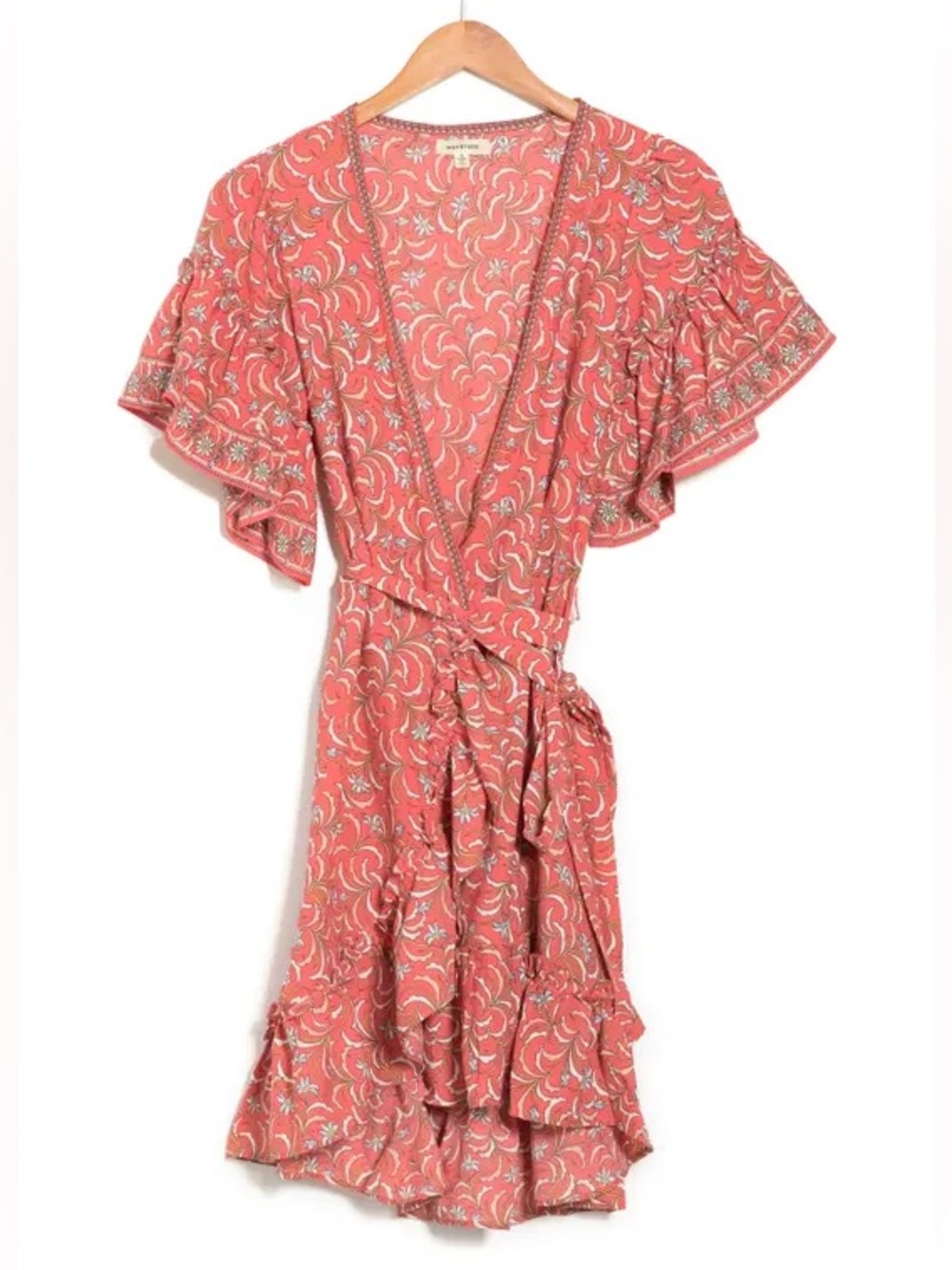 Max Studio Coral Floral Wrap Dress with Ruffle Sleeves NWT